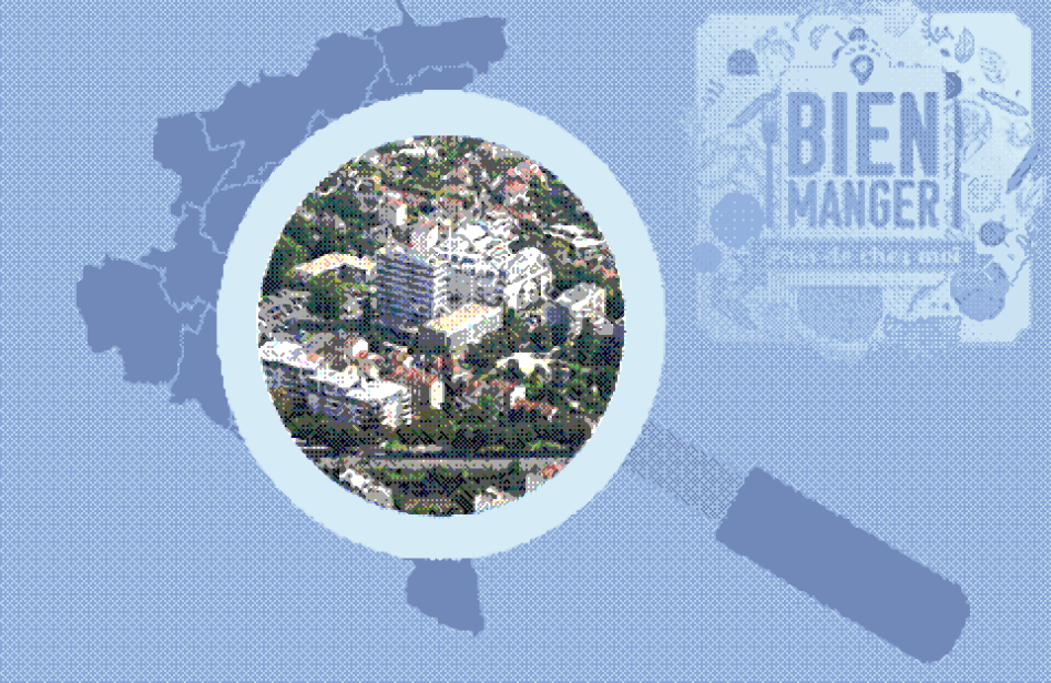 Loupe sur une carte du territoire Grand Paris Grand Est avec le Logo Bien Manger