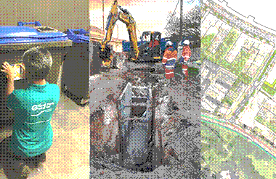 montage photo d'une agente qui s'occupe des déchets d'un chantier d'assainissement et d'un plan d'urbanisme