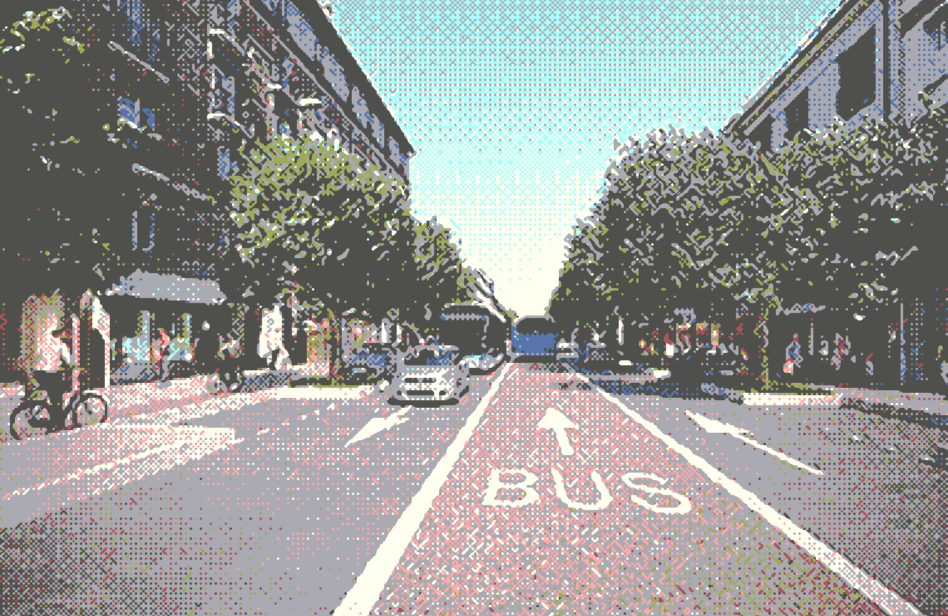 Voie de bus qui cohabite avec une piste cyclable