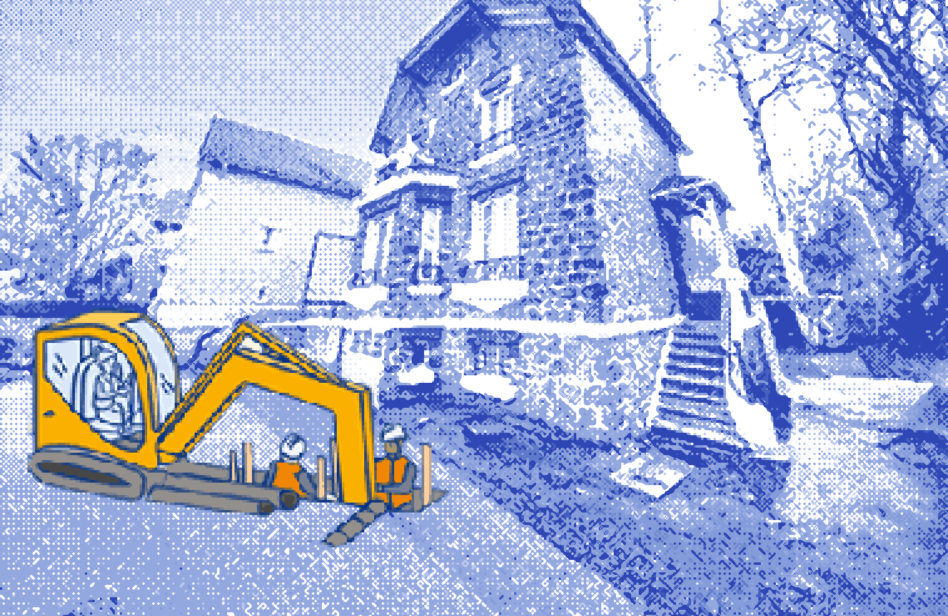 Une tractopelle dans le jardin d'un propriétaire en train d'effectuer des travaux d'assainissement